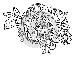 Hand drawn monochrome doodle flowers, leafs and ribbon with swirl