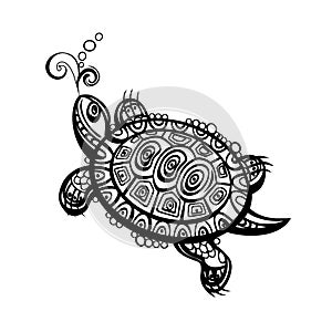 Hand drawn monochrome doodle turtle decorated with oriental ornament.