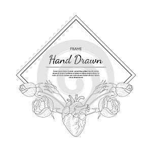 Hand Drawn Monochrome Frame with Rose Flowers and Human Heart Vector Illustration