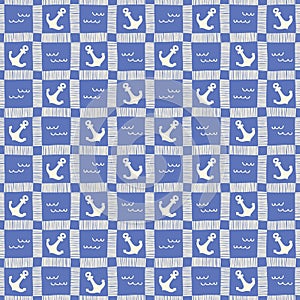 Hand-Drawn Monochrome Nautical Plaid with Anchors and Waves Vector Seamless Pattern. Blue Marine Background