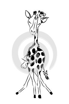 Hand drawn monochrome vector illustration with a cute giraffe female baby girl to celebrate new birth