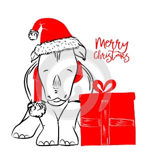 Hand drawn monochrome vector illustration with a cute rhinoceros celebrating a merry Christmas