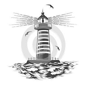 Hand Drawn Monochrome Vintage Nautical Emblem with Lighthouse