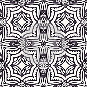 Hand drawn mosaic tile shapes. Repeating geo azulejo background. Monochrome surface design textile swatch. Modern black white