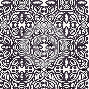 Hand drawn mosaic tile shapes. Repeating leaf azulejo background. Monochrome surface design textile swatch. Modern black white