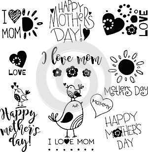 Hand drawn mothers day doodle elements set