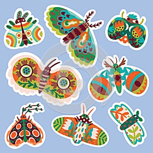 Hand drawn moths with floral ornaments. Sticker collection