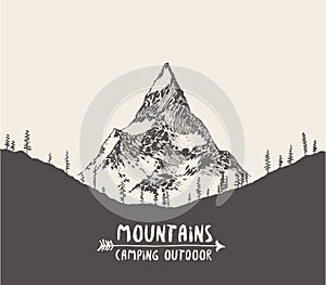Hand drawn mountain landscape pine forest vector