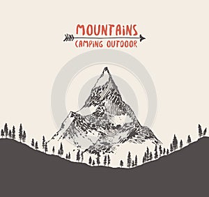 Hand drawn mountain landscape pine forest vector