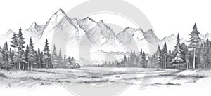 Hand drawn mountain range landscape. Panorama with rocky mountains skyline. Vector illustration.