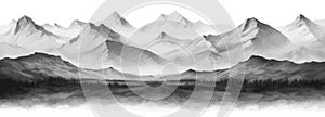 Hand drawn mountain range landscape. Panorama with rocky mountains skyline. Vector illustration.