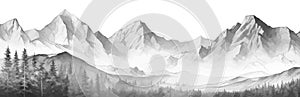 Hand drawn mountain range landscape. Panorama with rocky mountains skyline. Vector illustration.