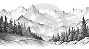 Hand drawn mountain range landscape. Panorama with rocky mountains skyline. Vector illustration.