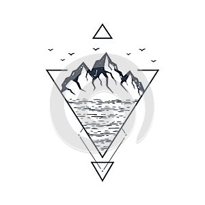 Hand drawn mountain rangeby the sea textured vector illustration. Geometric style