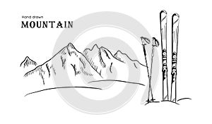 Hand drawn Mountain and ski graphic black white landscape vector illustration