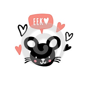 Hand drawn mouse face with speech bubble with eek photo