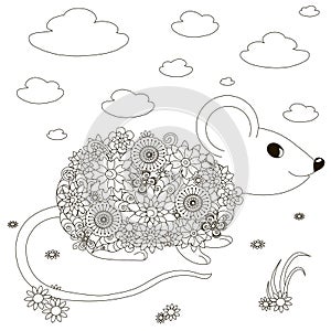 Hand drawn mouse, flowers, doodle, black and white anti