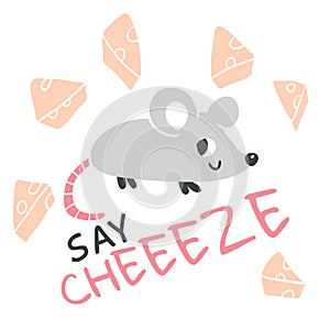 Hand drawn mouse with lettering and cheese