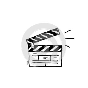 Hand drawn Movie clapperboard icon. Film set clapper for cinema production. Board clap for video clip scene start. Lights, camera