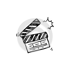 Hand drawn Movie clapperboard icon. Film set clapper for cinema production. Board clap for video clip scene start. Lights, camera