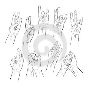 Hand drawn mudra, wise of fingers. Vector illistration of yoga.