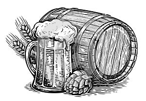 Hand drawn mug and barrel of beer. Pub, brewery illustration sketch