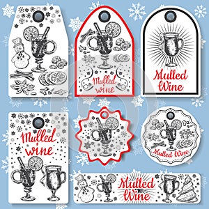 Hand drawn mulled wine vector gift tags set. Black and white sketch badges and logo with wine glass. Menu cards design