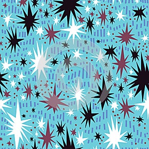 Hand drawn multicolor night starry sky stars shapes seamless abstract pattern beautiful fashion style.