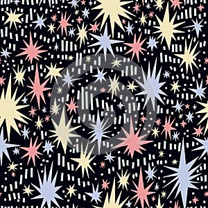 Hand drawn multicolor night starry sky stars shapes seamless abstract pattern beautiful fashion style.