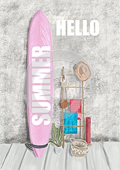 Hand-drawn multicolored illustration of a pink surf board in wooden and stone interior. Hello summer postcard