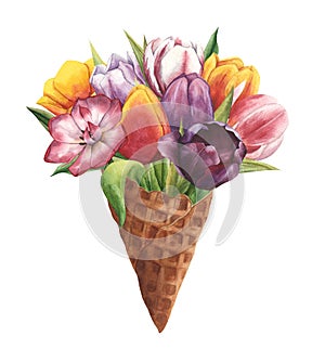 Hand drawn multicolored tulips in waffle cone