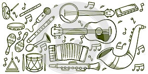 Hand drawn music classic instruments doodle icon set isolated on white background
