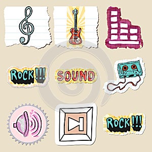 Hand drawn music emblems set. Isolated