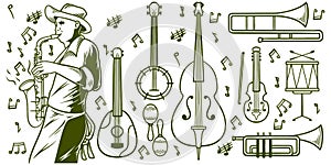 Hand drawn music jazz doodle icon set isolated on white background