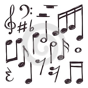 Hand drawn music note. Vector musical symbols isolated on white doodle collection