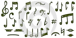 Hand drawn music notes doodle icon set isolated on white background