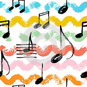 Music notes seamless vector pattern with waves