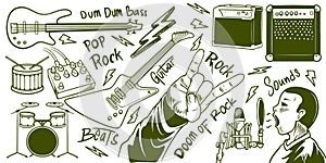 Hand drawn music pop rock equipments doodle icon set isolated on white background