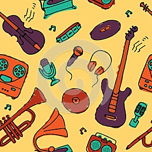 Hand drawn musical icon set. Seamless pattern for fabric and wallpaper. Vector