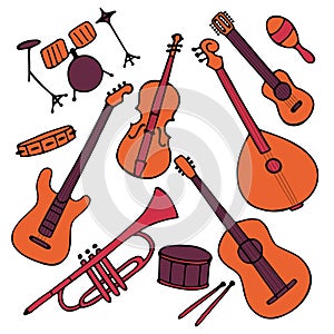 Hand-drawn musical instruments set. Doodle elements guitar, electric guitar, ukulele, trumpet, maracas, domra, violin. Vector