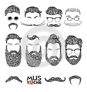 Hand Drawn Mustache Beard and Hair Style Set. Hipster