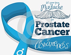 Hand Drawn Mustache with Blue Ribbon for Prostate Cancer Campaign, Vector Illustration