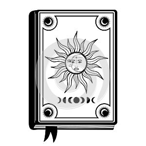 Hand drawn mystical book with Sun and Moon face, star in line art. Magic collection, symbol, talisman, antique style, boho. Vector