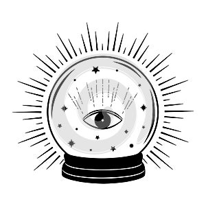 Hand drawn mystical crystal ball with star and eye in line art. Magic collection, symbol, talisman, antique style, boho. Vector