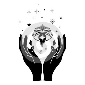 Hand drawn mystical eye with woman hand and stars in line art. Spiritual symbol celestial space. Vector illustration isolated on