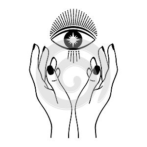 Hand drawn mystical eye with woman hands and star in line art. Spiritual symbol celestial space. Vector illustration isolated on