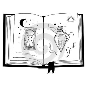 Hand drawn mystical open book with hourglass, glass bottle, moon and star in line art. Magic collection, symbol, talisman, antique