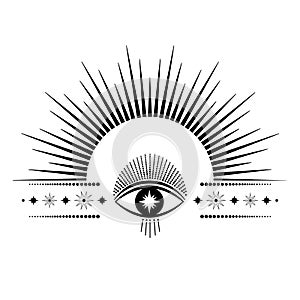 Hand drawn mystical Sun, eye and stars in line art. Spiritual symbol, magic icon, talisman, antique style, boho, tattoo, logo