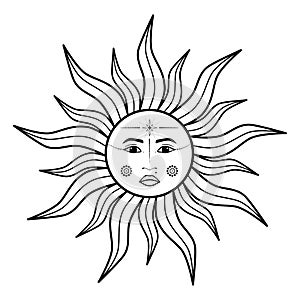 Hand drawn mystical Sun with woman face in line art. Spiritual symbol celestial space. Magic talisman, antique style, boho, tattoo