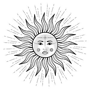Hand drawn mystical Sun with woman face in line art. Spiritual symbol celestial space. Magic talisman, antique style, boho, tattoo